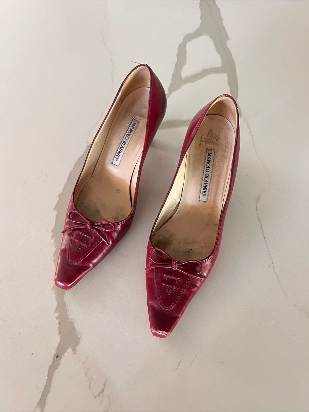 Manolo Blahnik Burgundy Pointed-Toe Leather Pumps with Bow Detail
